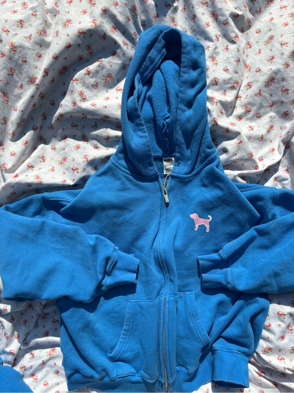 PINK Victoria's Secret Bright Blue Zip-Up Hoodie with Pink Dog Patch